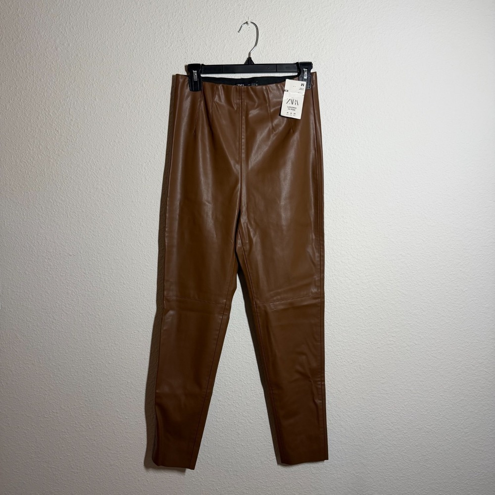 Zara High Waisted Leggings Womens Medium Brown Faux Leather Side Zip Skinny Leg‎